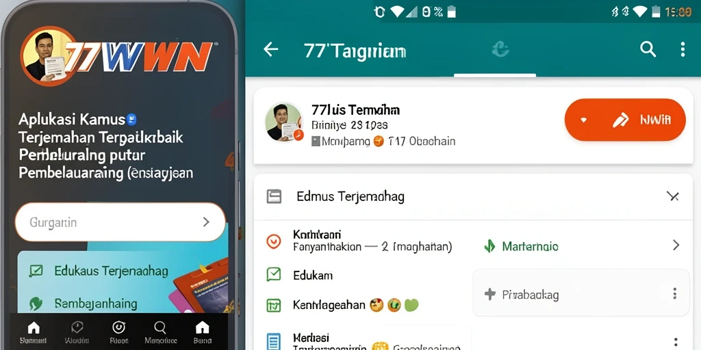 Tampilan antarmuka aplikasi Kamus Terjemahan 77WIN yang intuitif.