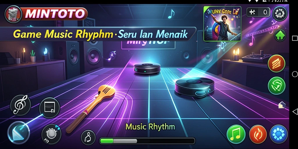 Antarmuka permainan MINTOTO dengan grafis warna-warni dan musik ritmis.